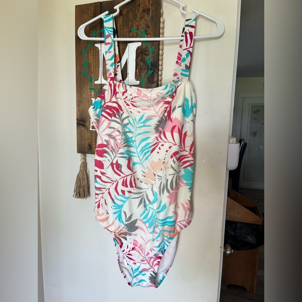 Eddie Bauer Swimsuit Tropical Leaf Pattern Open Back Peekhole Women’s Sz XL - Picture 5 of 15